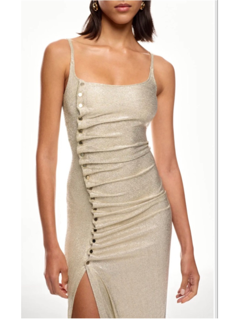 New Rabanne Gold Shimmer Ruched Side Maxi Dress 36/4 - Picture 3 of 11